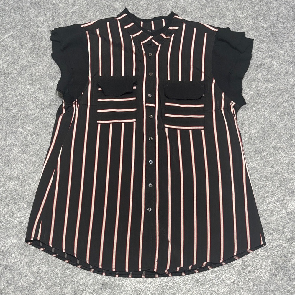 Marc Cain Black Pinstripe Button Blouse Tiered Shoulders